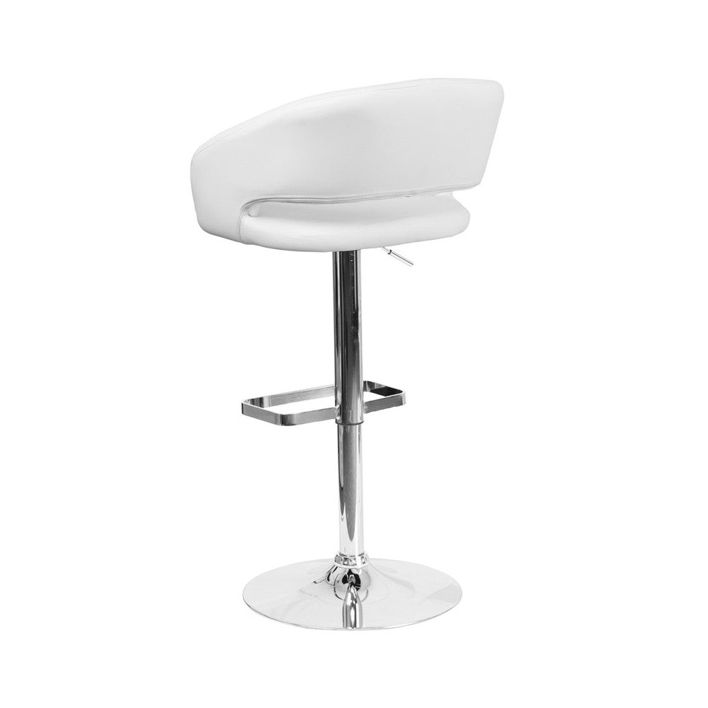 Contemporary White Vinyl Adjustable Height Barstool with Rounded Mid-Back and Chrome Base