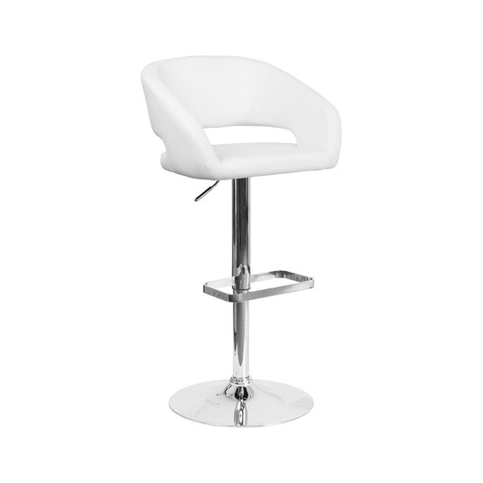 Contemporary White Vinyl Adjustable Height Barstool with Rounded Mid-Back and Chrome Base