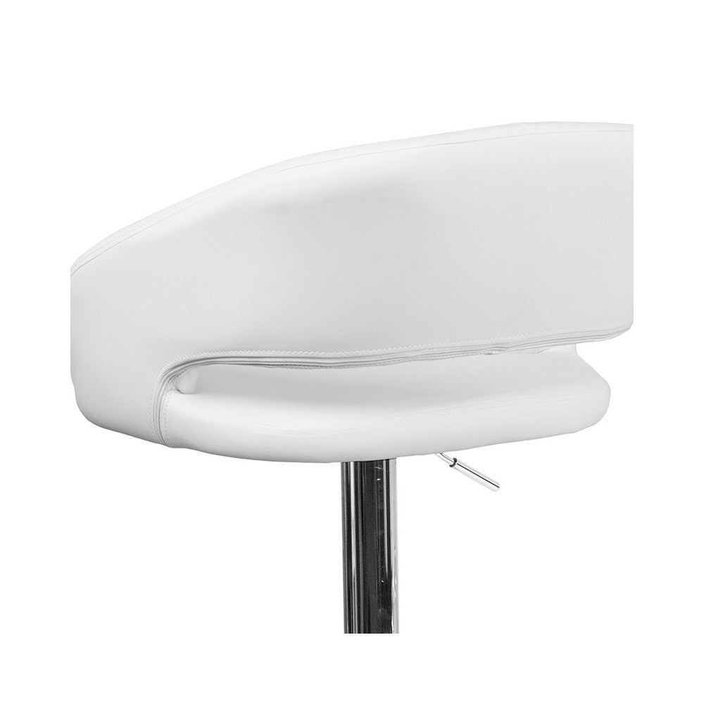 Contemporary White Vinyl Adjustable Height Barstool with Rounded Mid-Back and Chrome Base