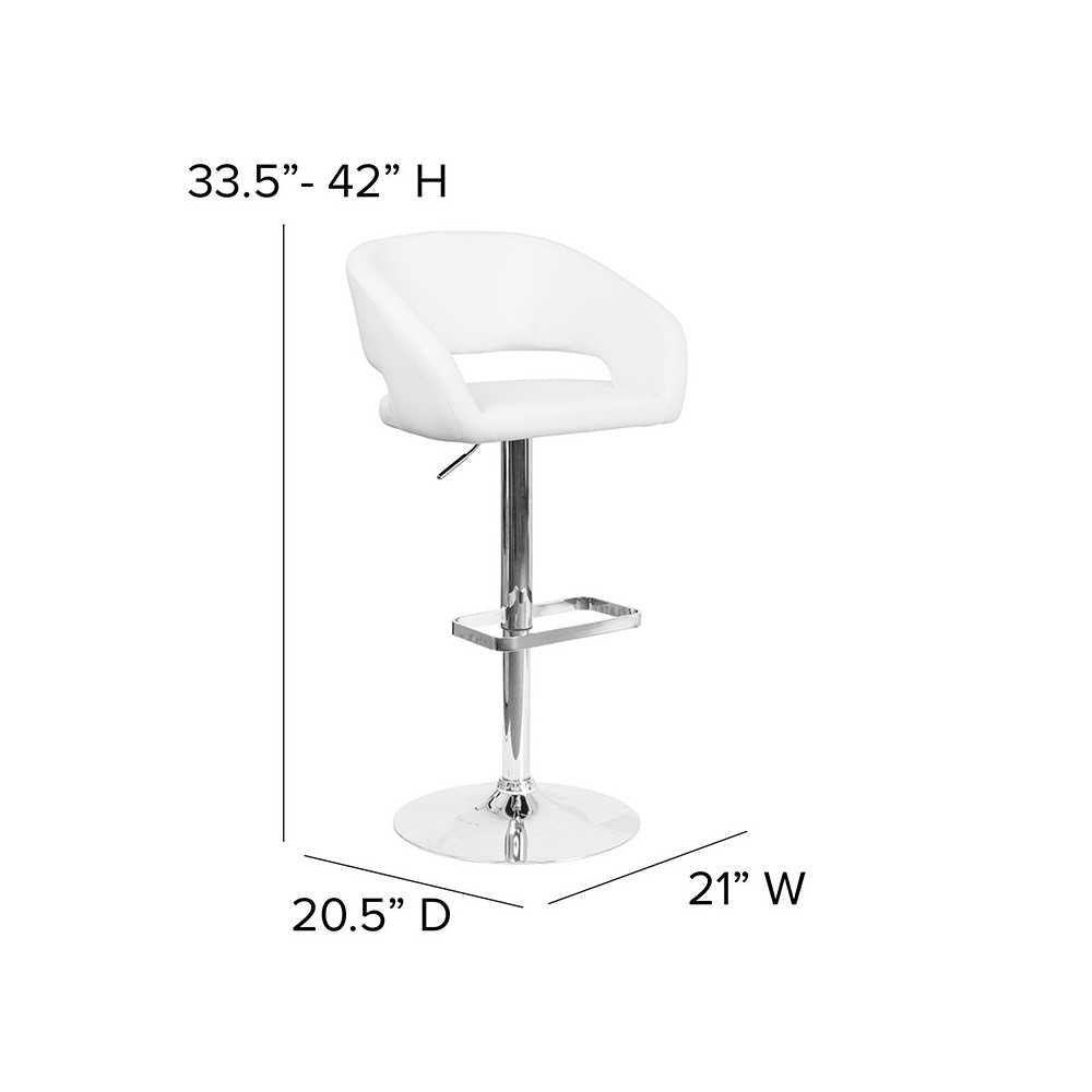 Contemporary White Vinyl Adjustable Height Barstool with Rounded Mid-Back and Chrome Base