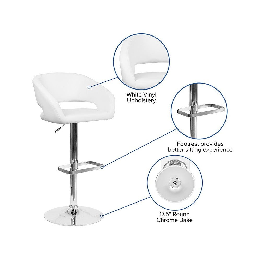 Contemporary White Vinyl Adjustable Height Barstool with Rounded Mid-Back and Chrome Base