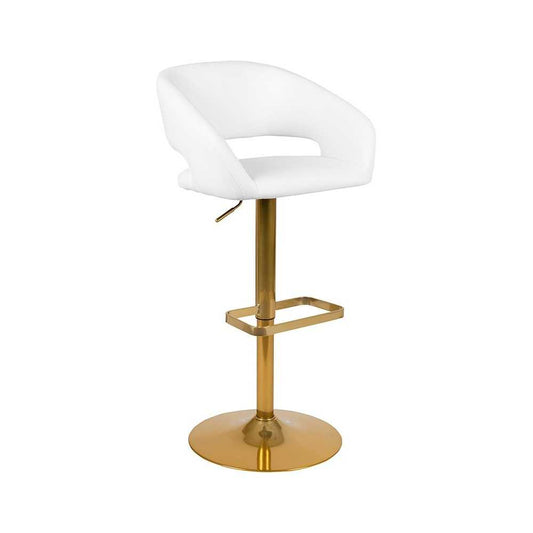 Contemporary White Vinyl Adjustable Height Barstool with Rounded Mid-Back and Gold Base