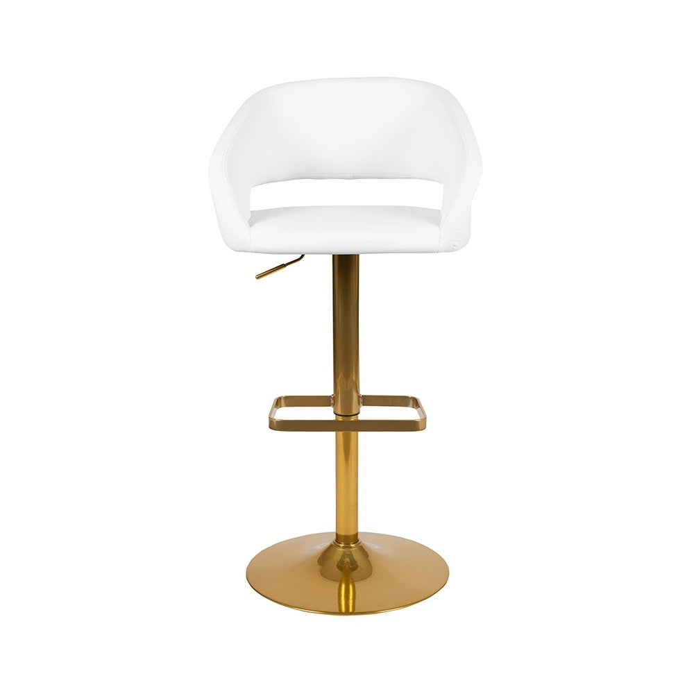 Contemporary White Vinyl Adjustable Height Barstool with Rounded Mid-Back and Gold Base