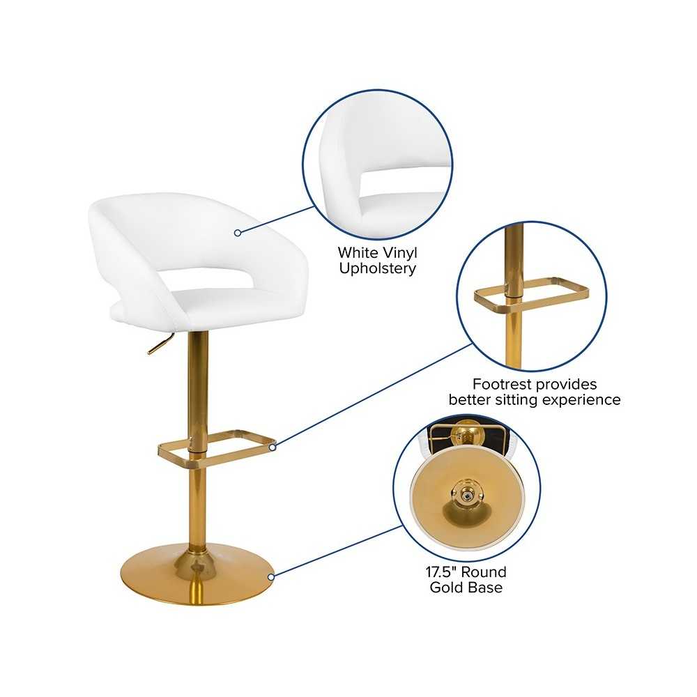 Contemporary White Vinyl Adjustable Height Barstool with Rounded Mid-Back and Gold Base