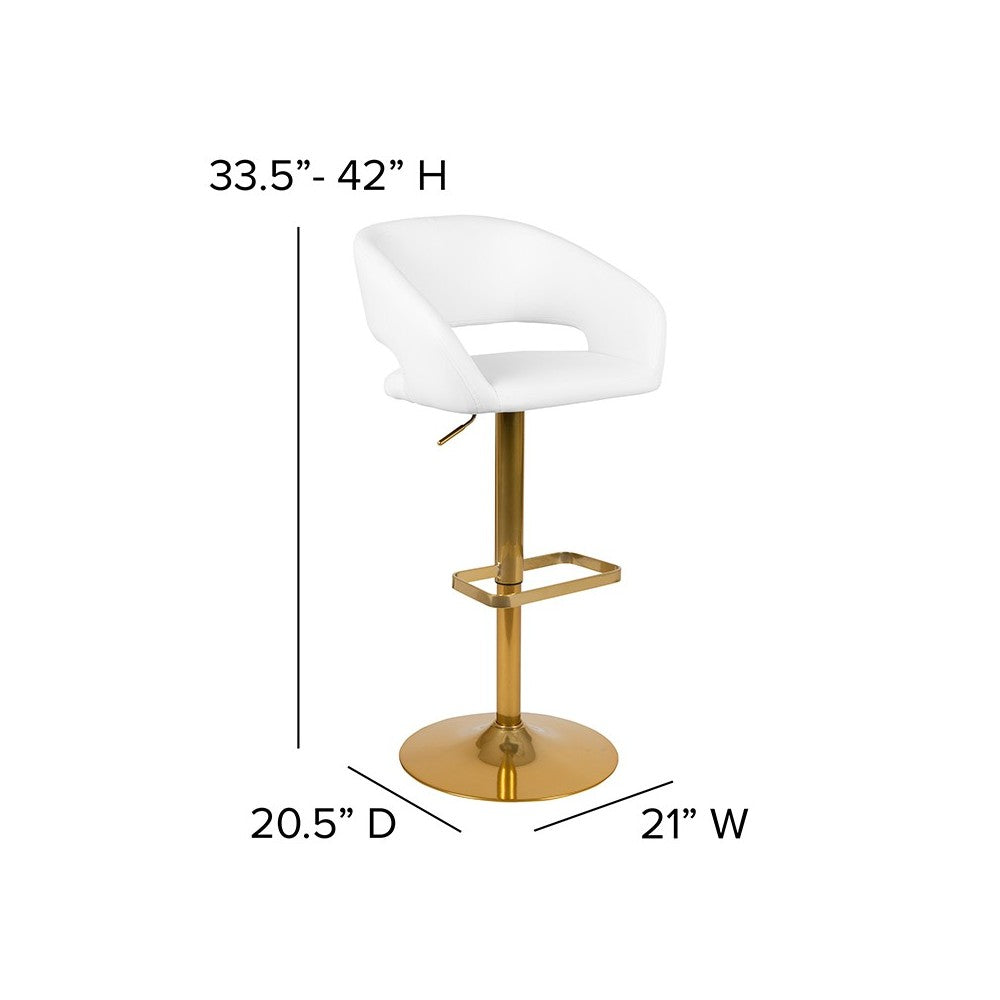 Contemporary White Vinyl Adjustable Height Barstool with Rounded Mid-Back and Gold Base