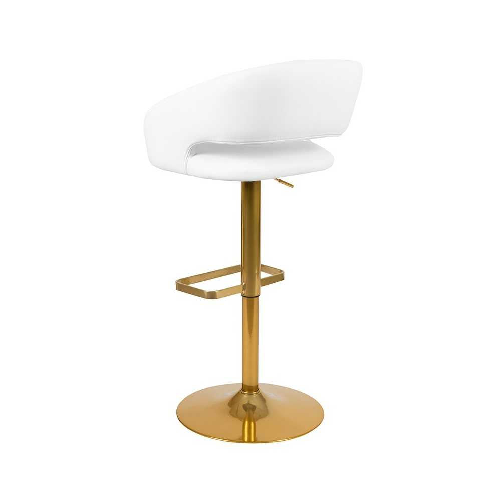 Contemporary White Vinyl Adjustable Height Barstool with Rounded Mid-Back and Gold Base