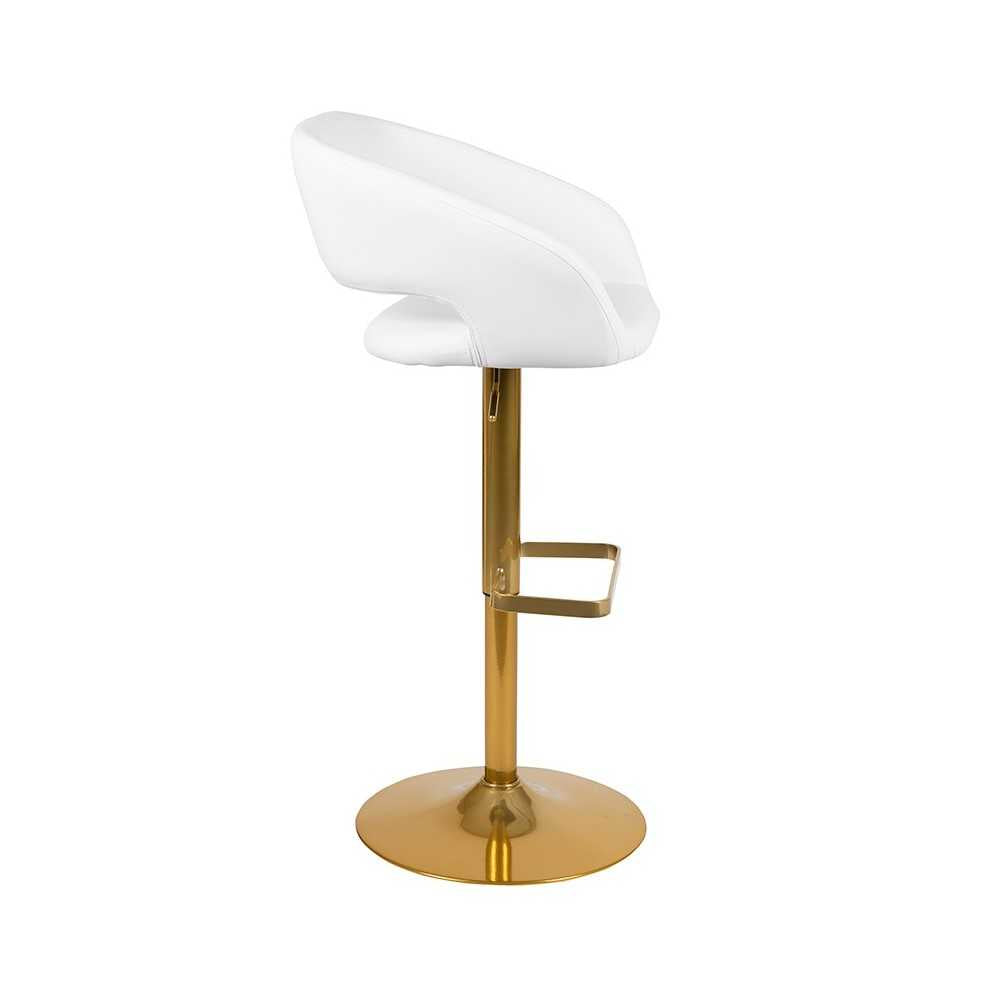 Contemporary White Vinyl Adjustable Height Barstool with Rounded Mid-Back and Gold Base