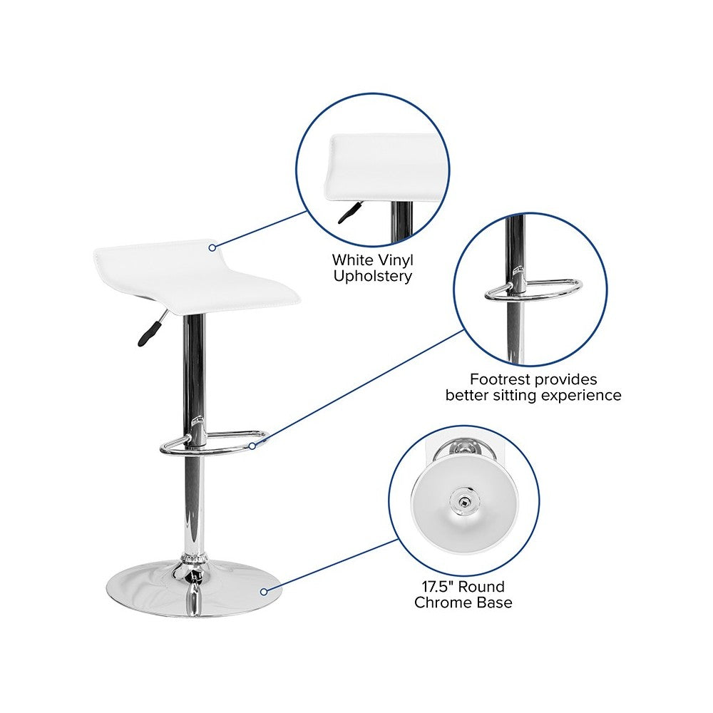 Contemporary White Vinyl Adjustable Height Barstool with Solid Wave Seat and Chrome Base