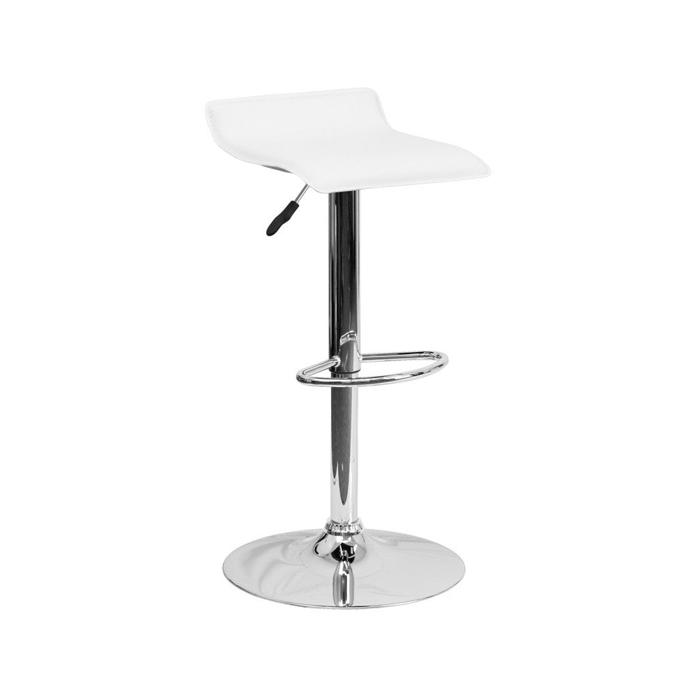 Contemporary White Vinyl Adjustable Height Barstool with Solid Wave Seat and Chrome Base