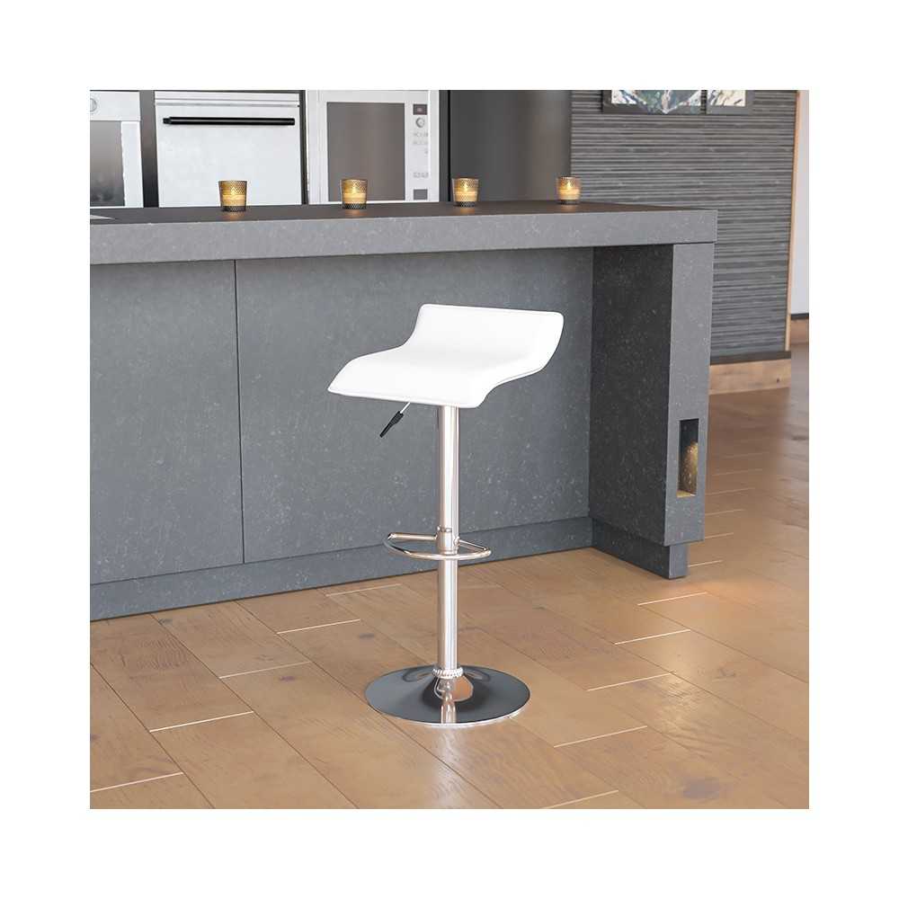 Contemporary White Vinyl Adjustable Height Barstool with Solid Wave Seat and Chrome Base