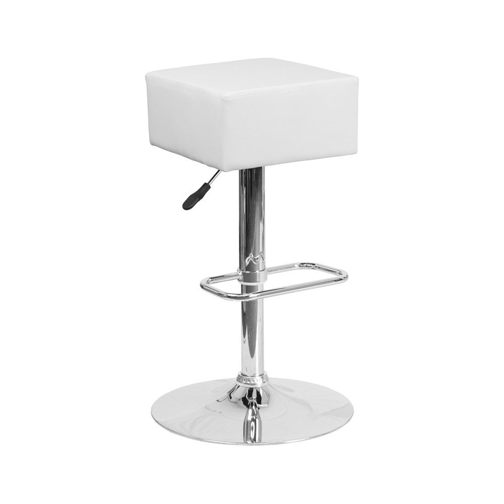 Contemporary White Vinyl Adjustable Height Barstool with Square Seat and Chrome Base