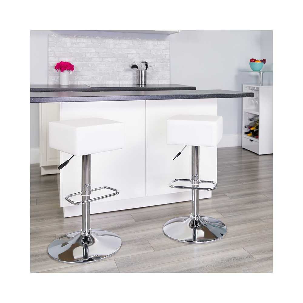 Contemporary White Vinyl Adjustable Height Barstool with Square Seat and Chrome Base