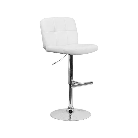 Contemporary White Vinyl Adjustable Height Barstool with Square Tufted Back and Chrome Base