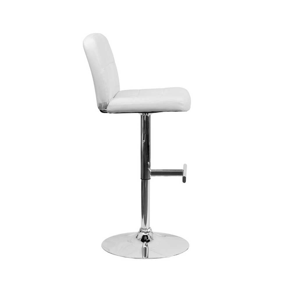 Contemporary White Vinyl Adjustable Height Barstool with Square Tufted Back and Chrome Base