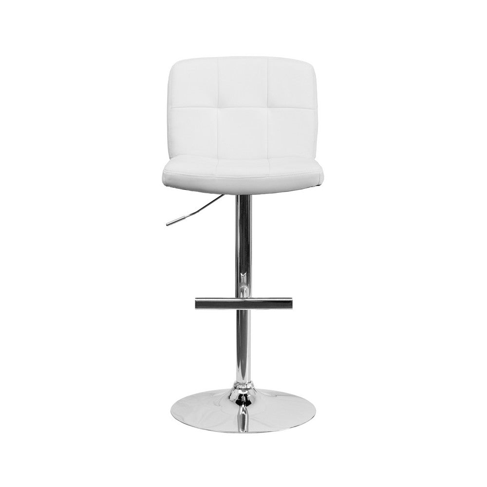 Contemporary White Vinyl Adjustable Height Barstool with Square Tufted Back and Chrome Base