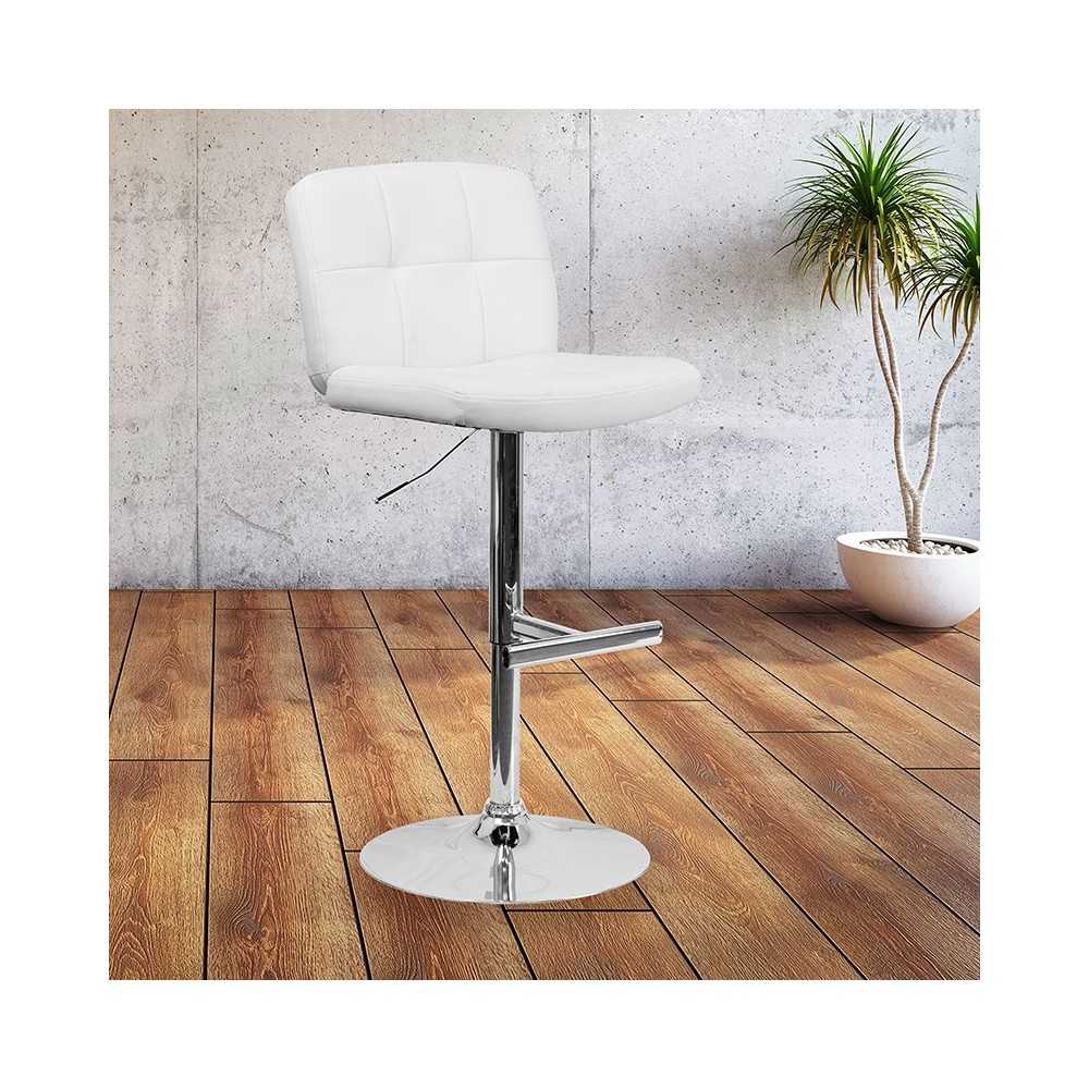 Contemporary White Vinyl Adjustable Height Barstool with Square Tufted Back and Chrome Base