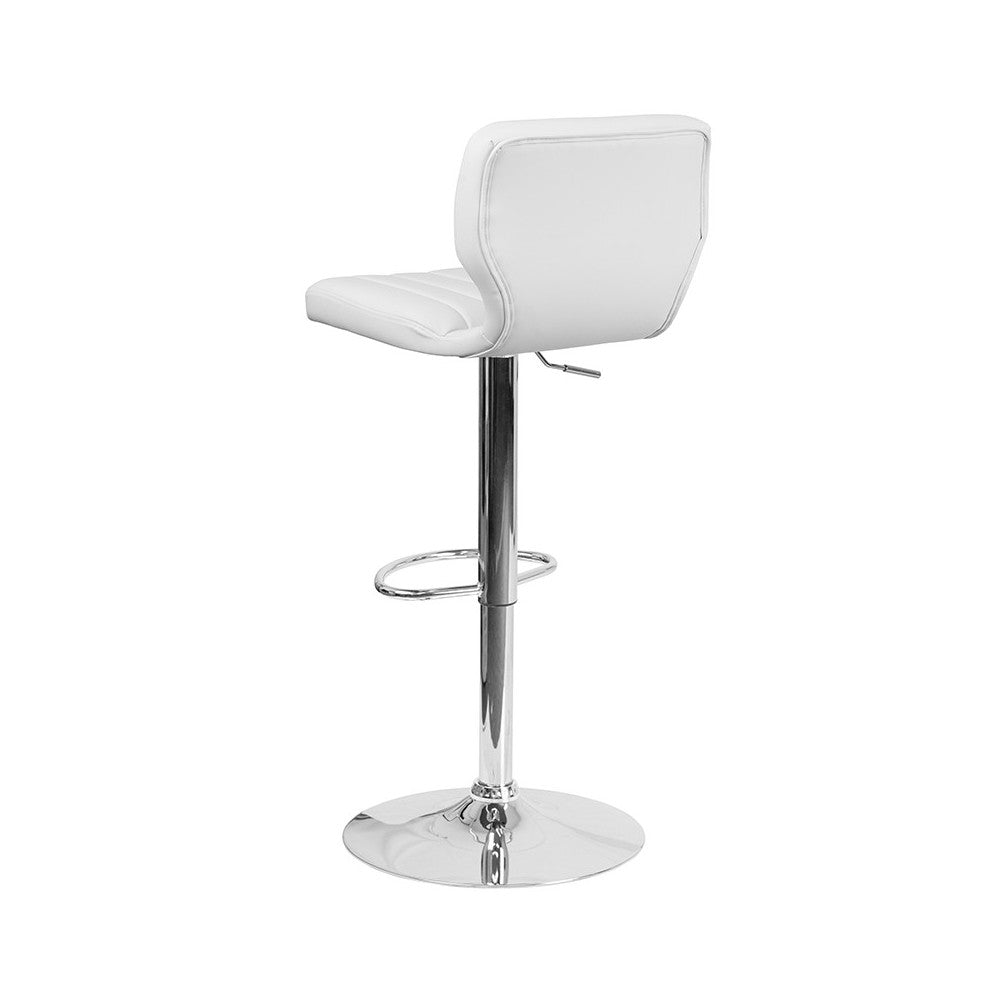 Contemporary White Vinyl Adjustable Height Barstool with Vertical Stitch Back and Chrome Base