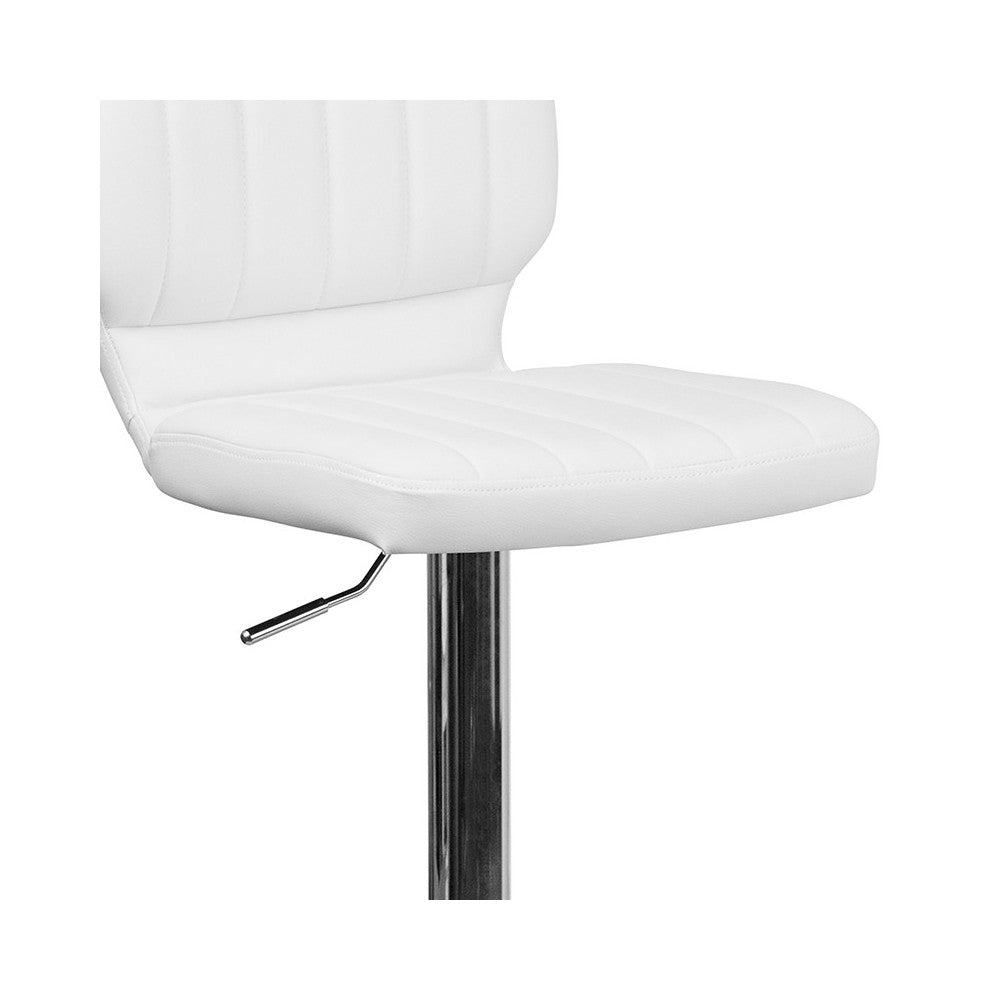 Contemporary White Vinyl Adjustable Height Barstool with Vertical Stitch Back and Chrome Base