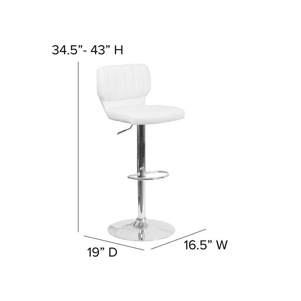 Contemporary White Vinyl Adjustable Height Barstool with Vertical Stitch Back and Chrome Base