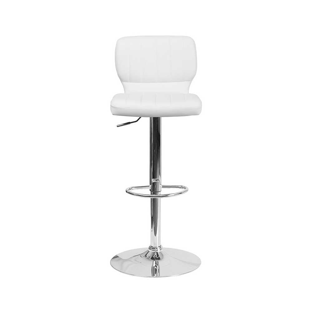 Contemporary White Vinyl Adjustable Height Barstool with Vertical Stitch Back and Chrome Base