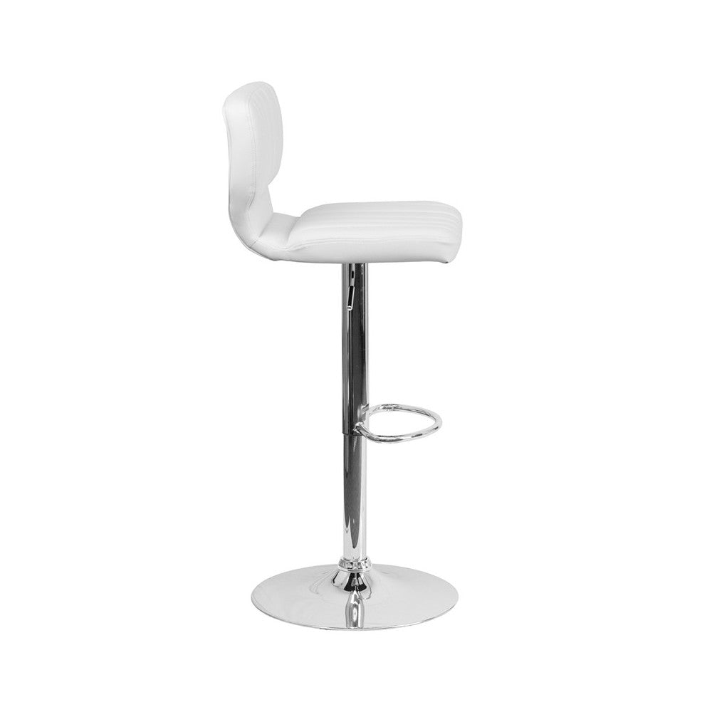 Contemporary White Vinyl Adjustable Height Barstool with Vertical Stitch Back and Chrome Base