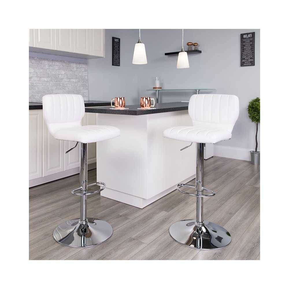 Contemporary White Vinyl Adjustable Height Barstool with Vertical Stitch Back and Chrome Base