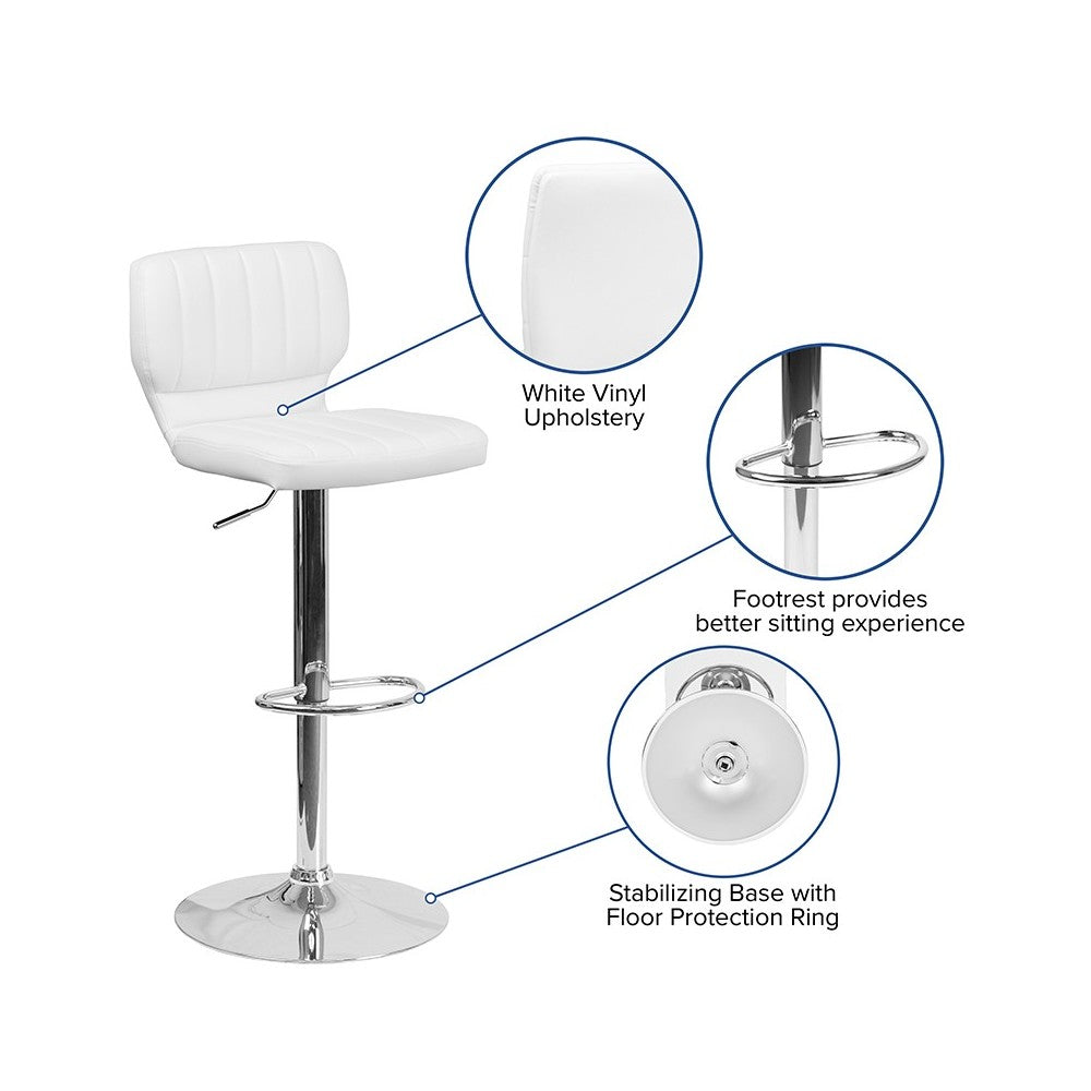 Contemporary White Vinyl Adjustable Height Barstool with Vertical Stitch Back and Chrome Base