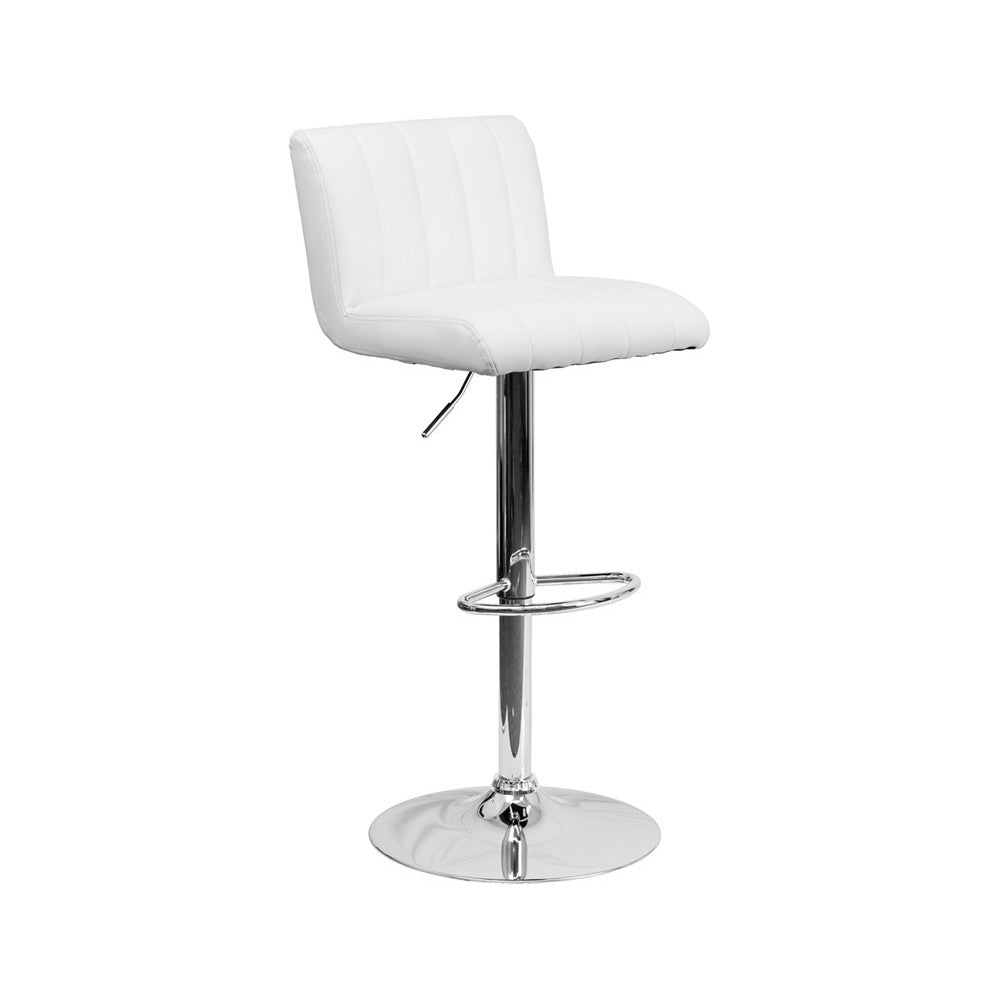 Contemporary White Vinyl Adjustable Height Barstool with Vertical Stitch Back/Seat and Chrome Base