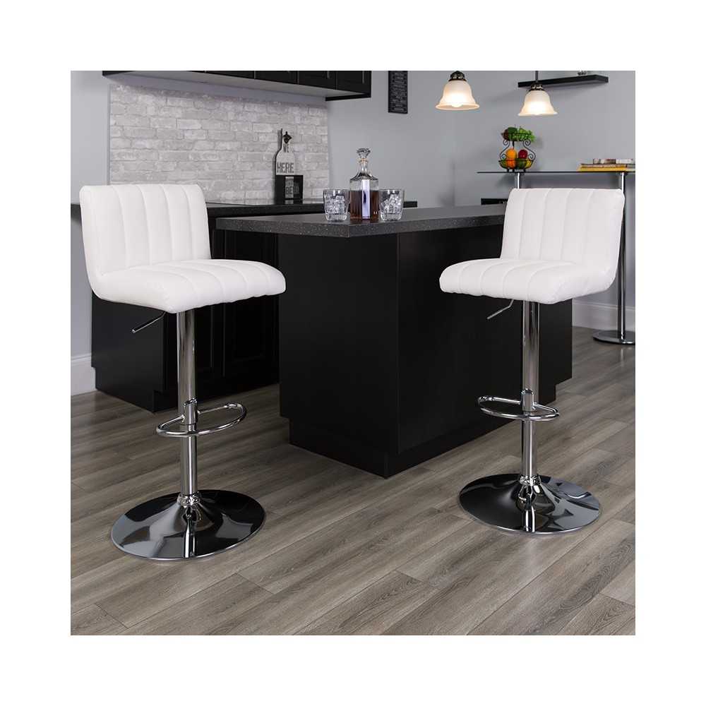 Contemporary White Vinyl Adjustable Height Barstool with Vertical Stitch Back/Seat and Chrome Base