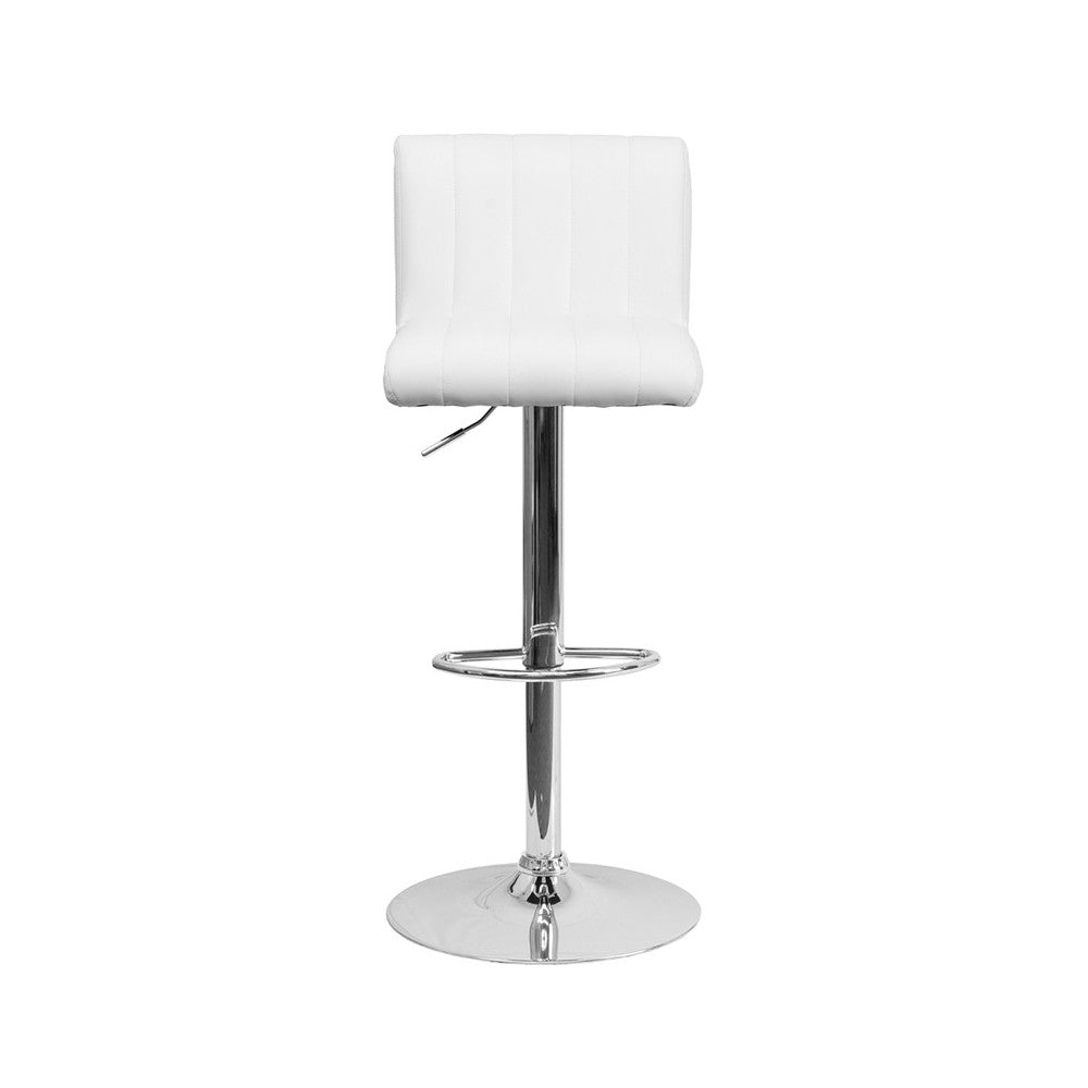 Contemporary White Vinyl Adjustable Height Barstool with Vertical Stitch Back/Seat and Chrome Base