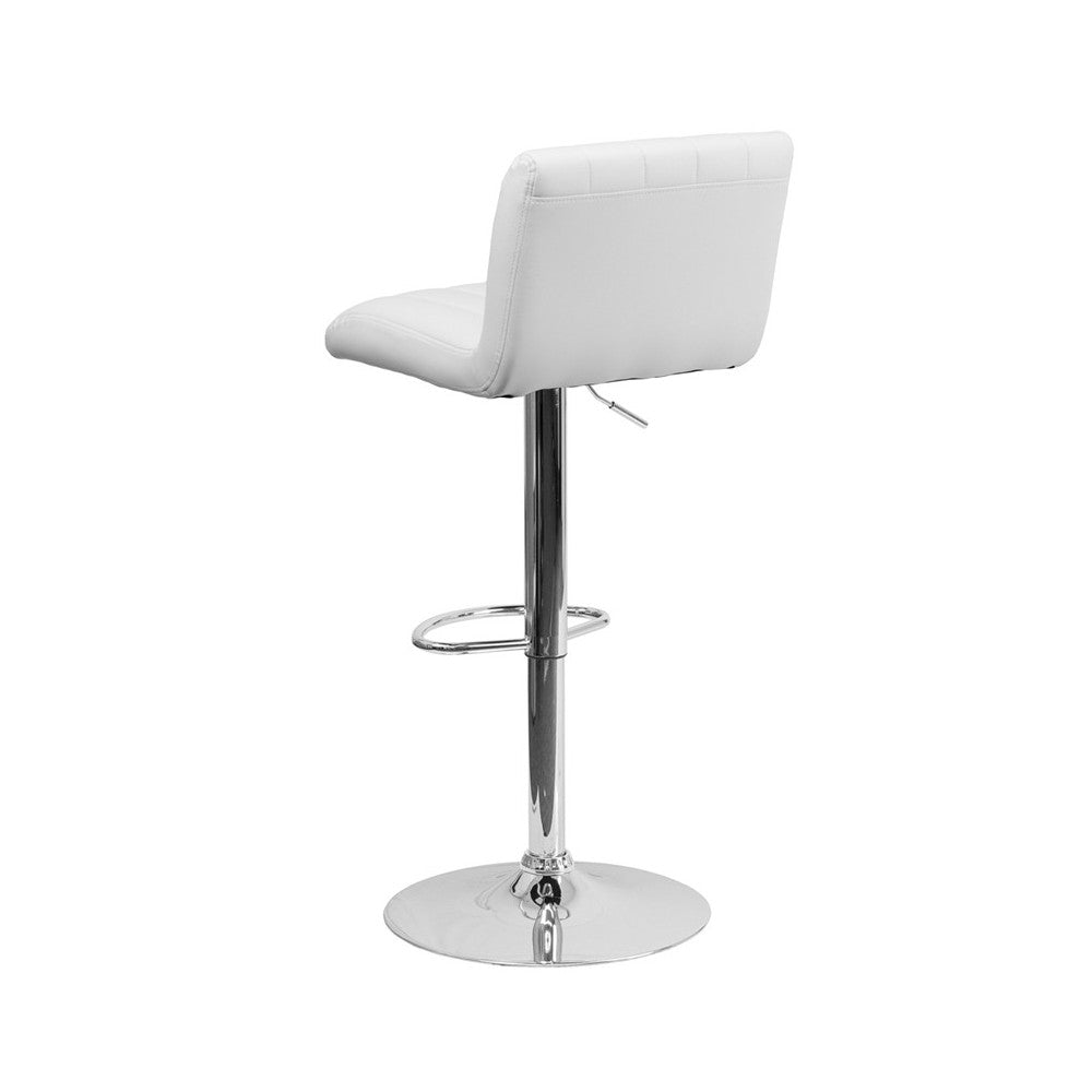 Contemporary White Vinyl Adjustable Height Barstool with Vertical Stitch Back/Seat and Chrome Base