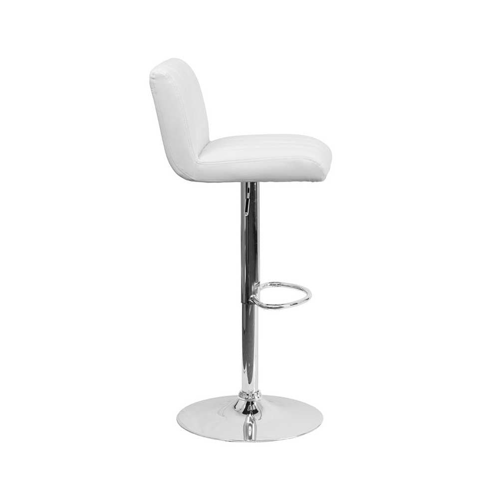 Contemporary White Vinyl Adjustable Height Barstool with Vertical Stitch Back/Seat and Chrome Base