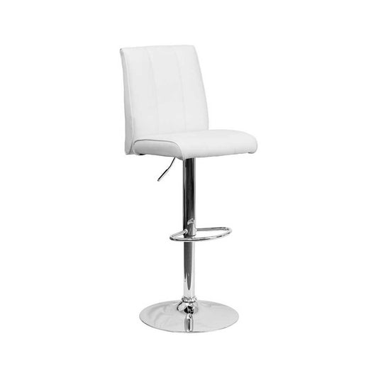 Contemporary White Vinyl Adjustable Height Barstool with Vertical Stitch Panel Back and Chrome Base