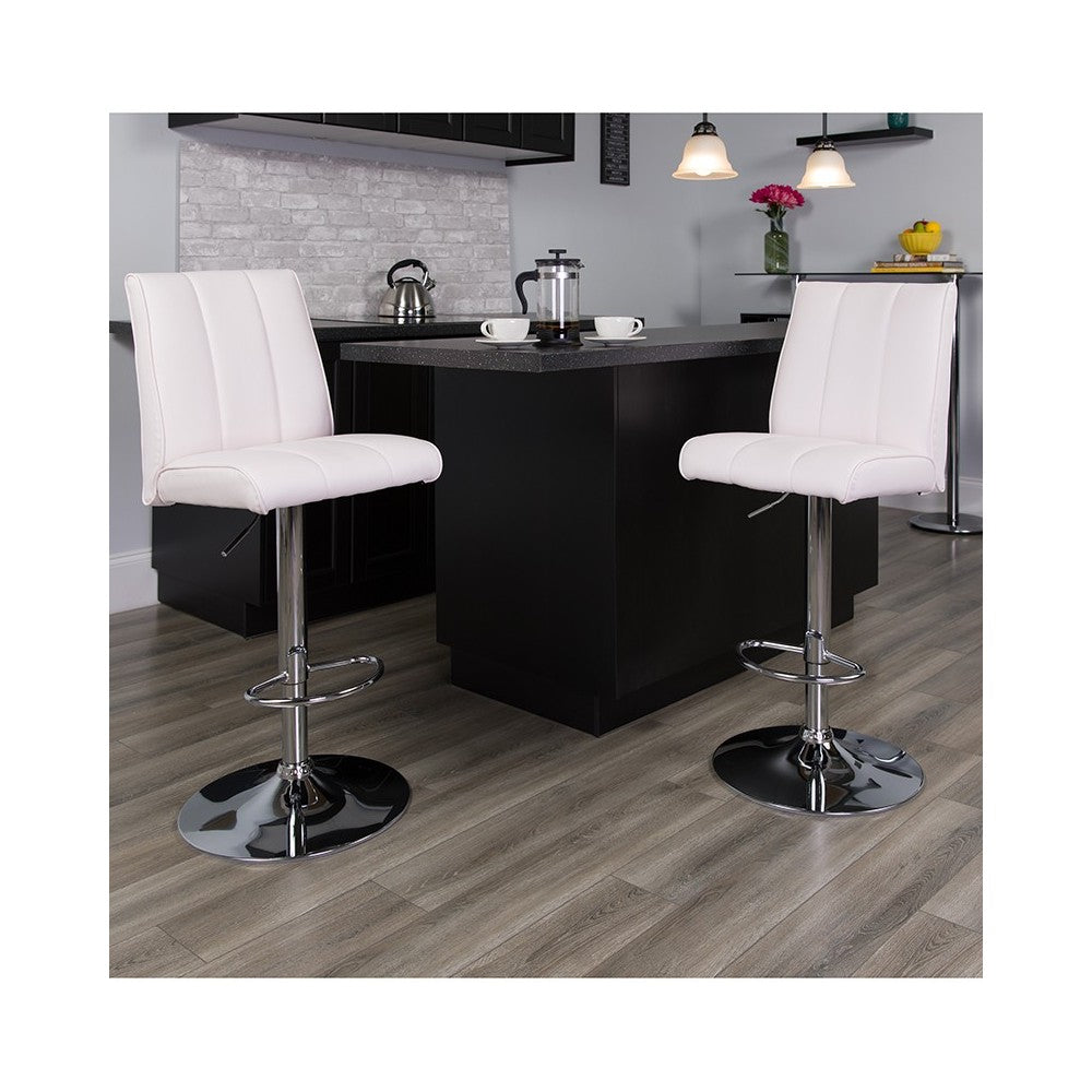 Contemporary White Vinyl Adjustable Height Barstool with Vertical Stitch Panel Back and Chrome Base