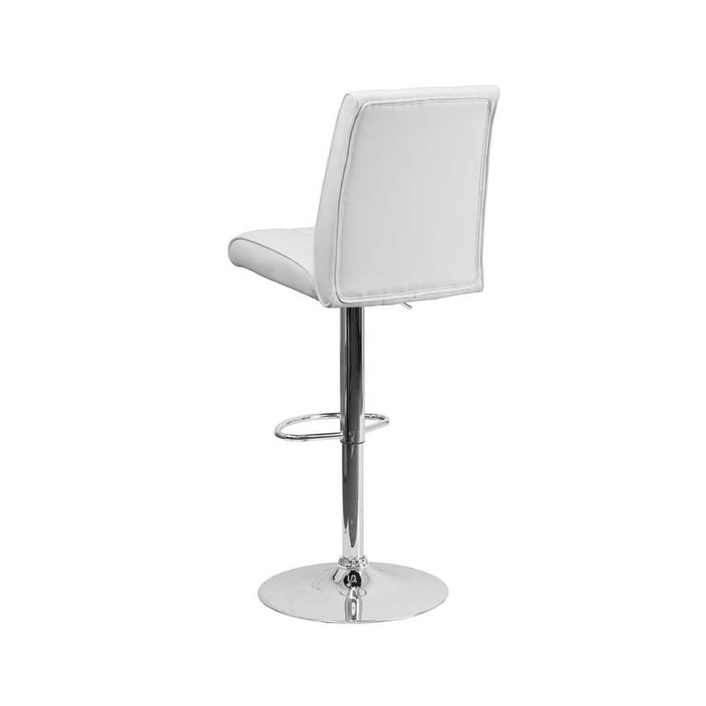 Contemporary White Vinyl Adjustable Height Barstool with Vertical Stitch Panel Back and Chrome Base