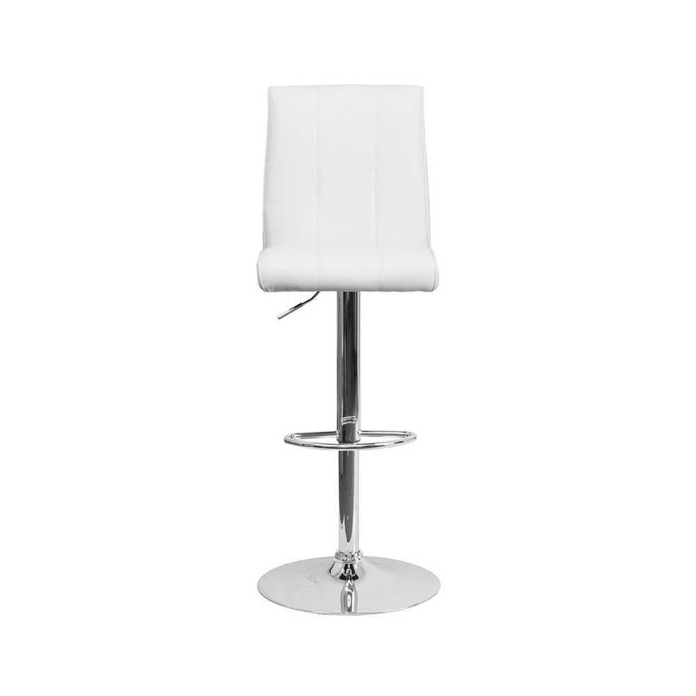 Contemporary White Vinyl Adjustable Height Barstool with Vertical Stitch Panel Back and Chrome Base