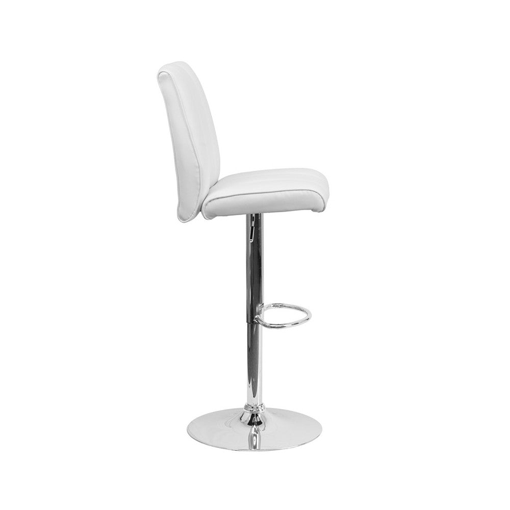 Contemporary White Vinyl Adjustable Height Barstool with Vertical Stitch Panel Back and Chrome Base