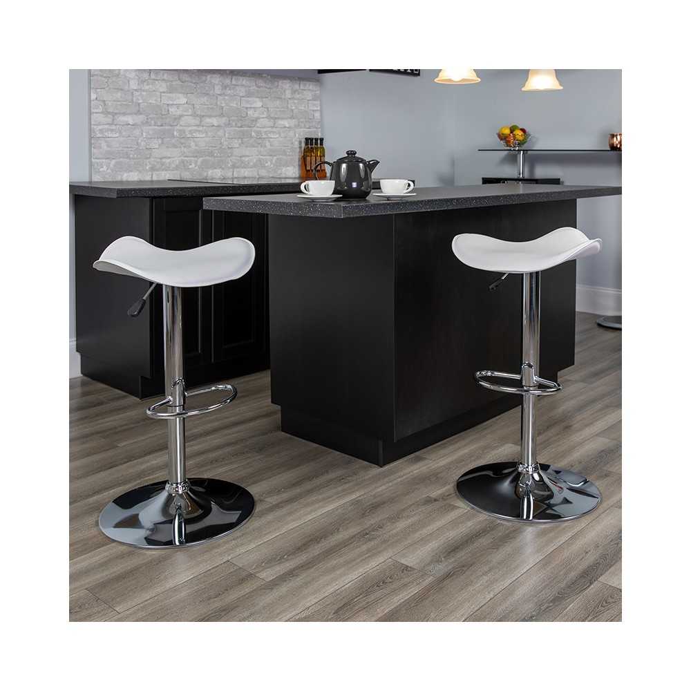 Contemporary White Vinyl Adjustable Height Barstool with Wavy Seat and Chrome Base