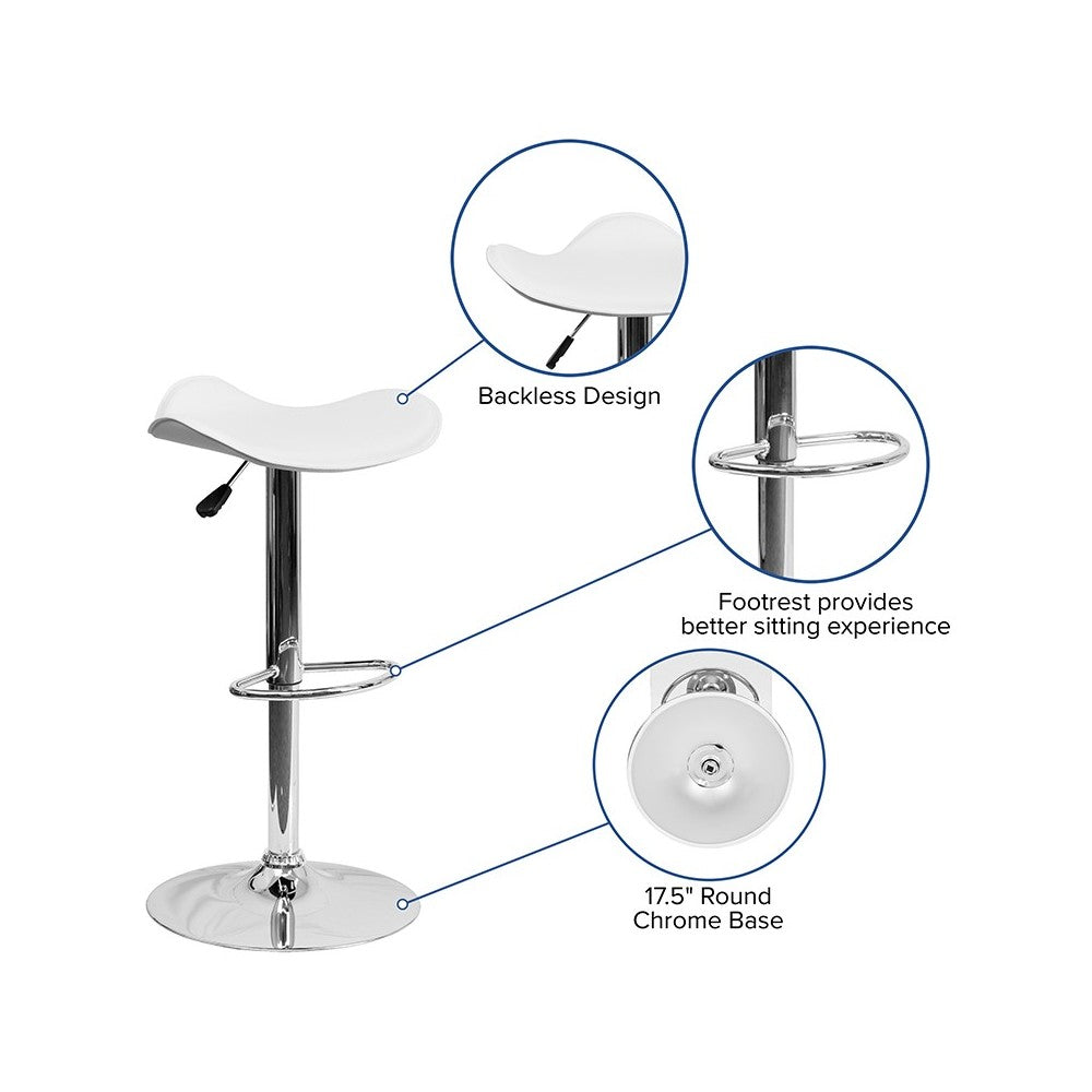 Contemporary White Vinyl Adjustable Height Barstool with Wavy Seat and Chrome Base