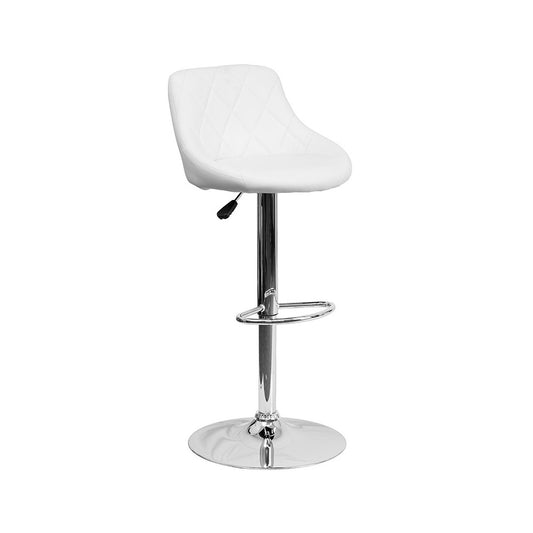 Contemporary White Vinyl Bucket Seat Adjustable Height Barstool with Diamond Pattern Back and Chrome Base