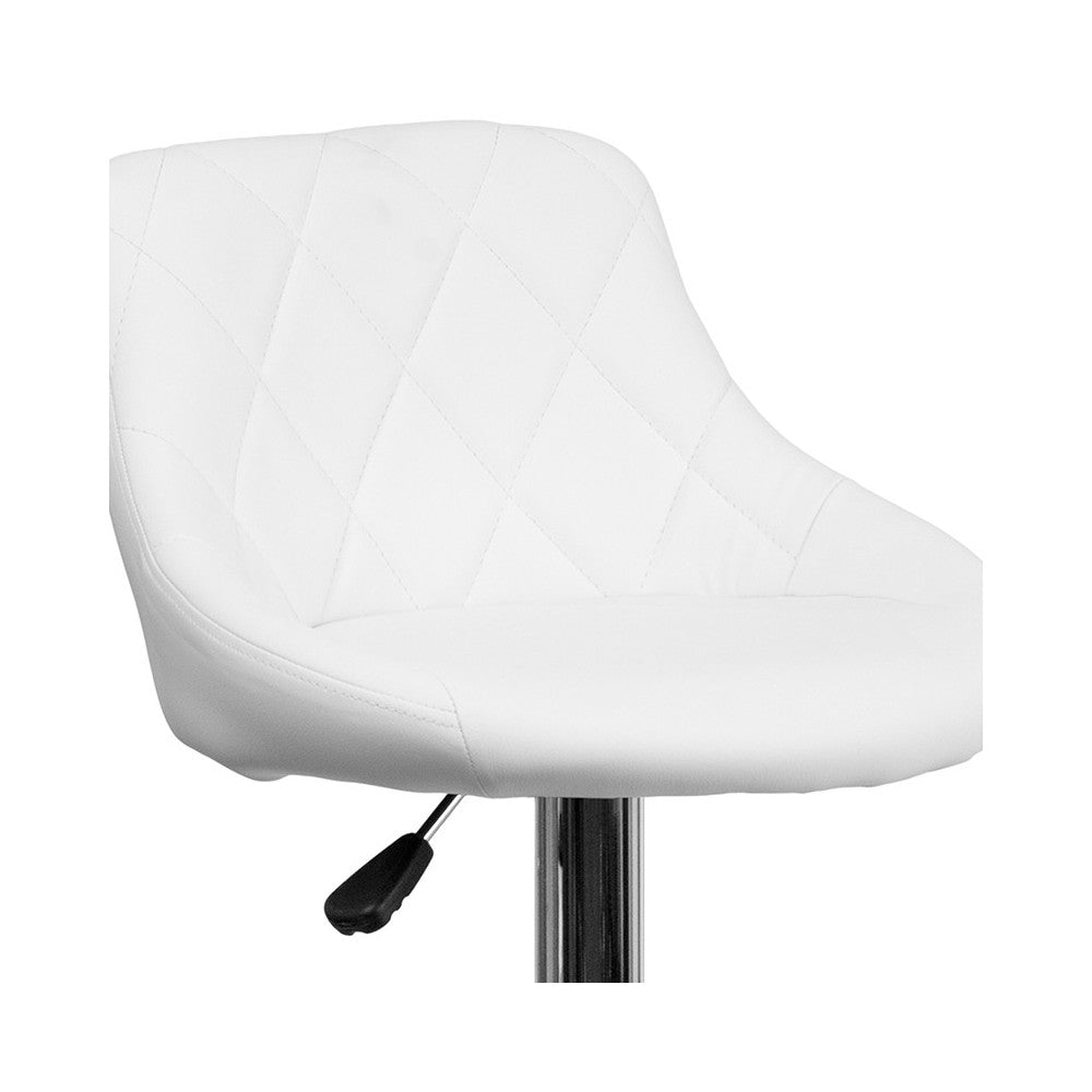 Contemporary White Vinyl Bucket Seat Adjustable Height Barstool with Diamond Pattern Back and Chrome Base