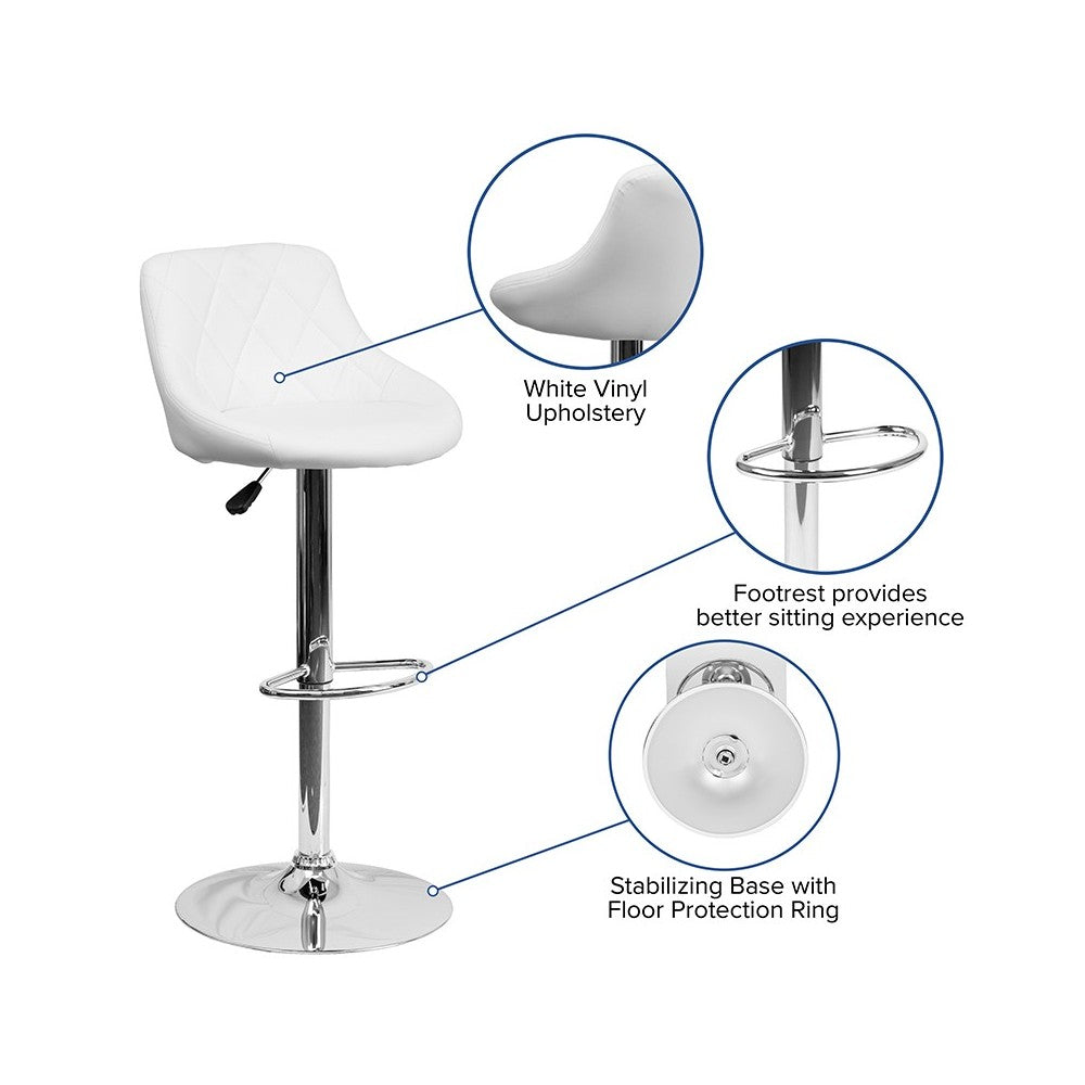 Contemporary White Vinyl Bucket Seat Adjustable Height Barstool with Diamond Pattern Back and Chrome Base