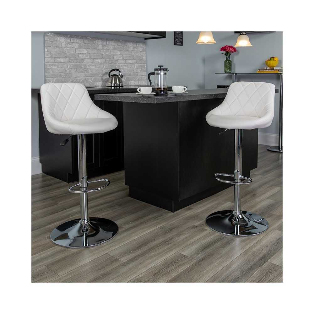 Contemporary White Vinyl Bucket Seat Adjustable Height Barstool with Diamond Pattern Back and Chrome Base