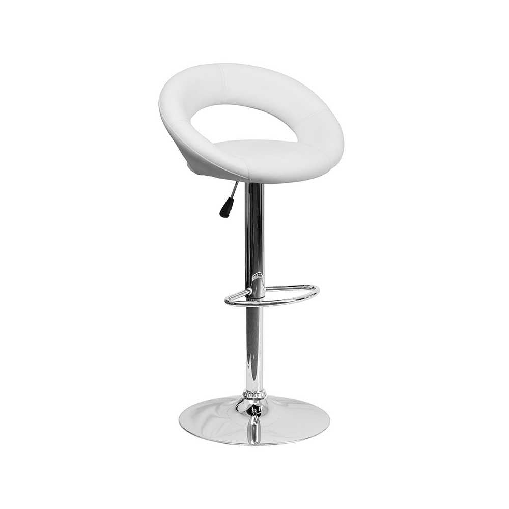 Contemporary White Vinyl Rounded Orbit-Style Back Adjustable Height Barstool with Chrome Base