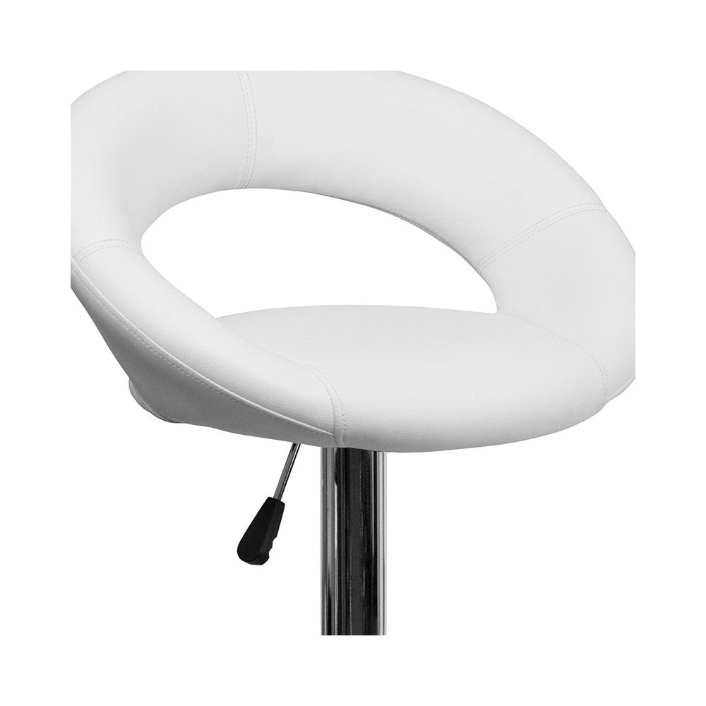 Contemporary White Vinyl Rounded Orbit-Style Back Adjustable Height Barstool with Chrome Base