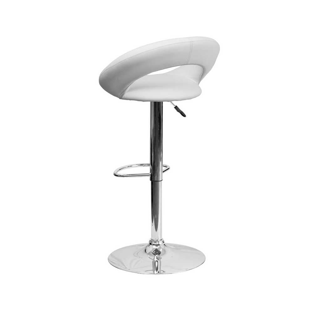 Contemporary White Vinyl Rounded Orbit-Style Back Adjustable Height Barstool with Chrome Base