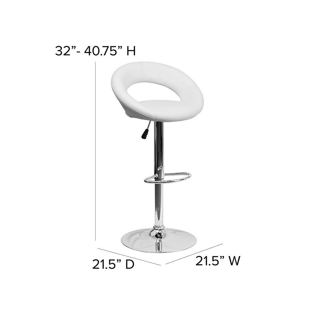 Contemporary White Vinyl Rounded Orbit-Style Back Adjustable Height Barstool with Chrome Base
