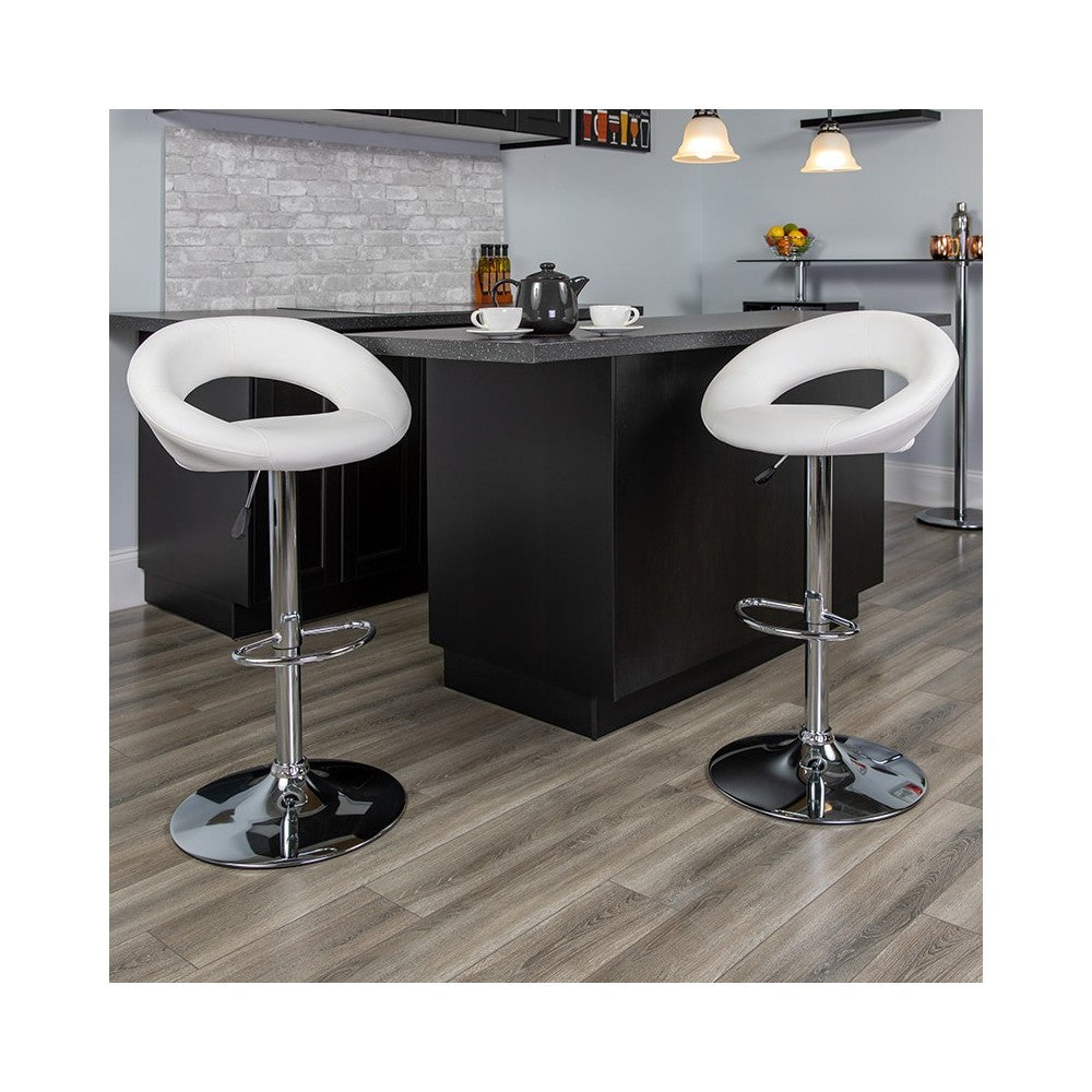 Contemporary White Vinyl Rounded Orbit-Style Back Adjustable Height Barstool with Chrome Base
