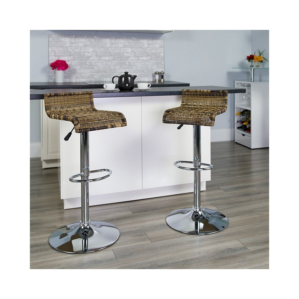 Contemporary Wicker Adjustable Height Barstool with Waterfall Seat and Chrome Base