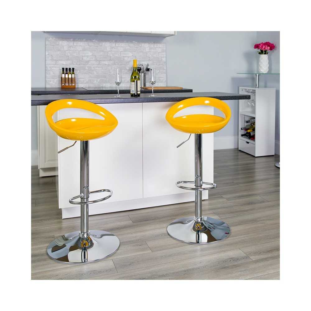 Contemporary Yellow Plastic Adjustable Height Barstool with Rounded Cutout Back and Chrome Base